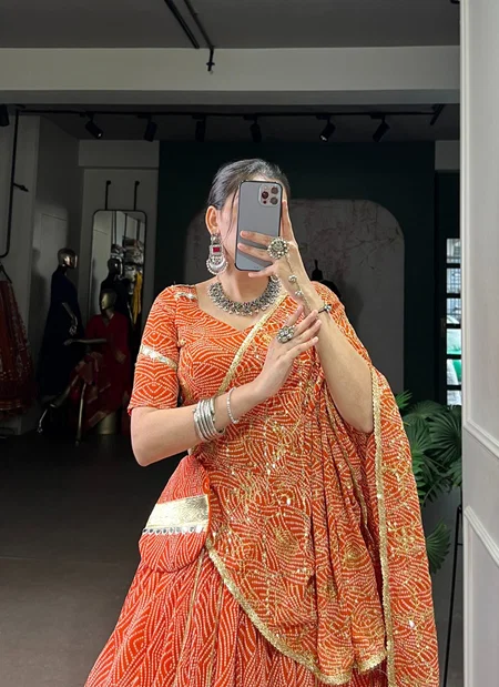 Orange Colour Georgette Wiith Bandhej Print Navratri Lehenga With Blouse Dupatta LNB1701 